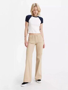 Levi's Superlow Flare Leg Jeans Neutral Khaki Tan Patch Pockets Size 28 x 32